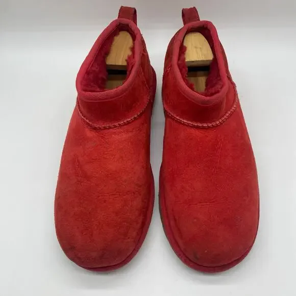 UGG Ultra Mini Red Classic Booties Leather Ankle Boots Winter Women's size 9 - Picture 6 of 11